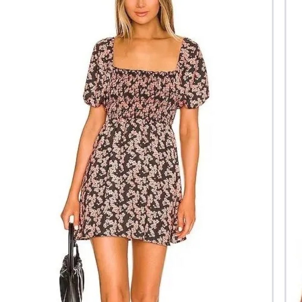 RESA Puff Sleeve Smocked Brown Ditsy Floral Mini Babydoll Dress Size XS REVOLVE